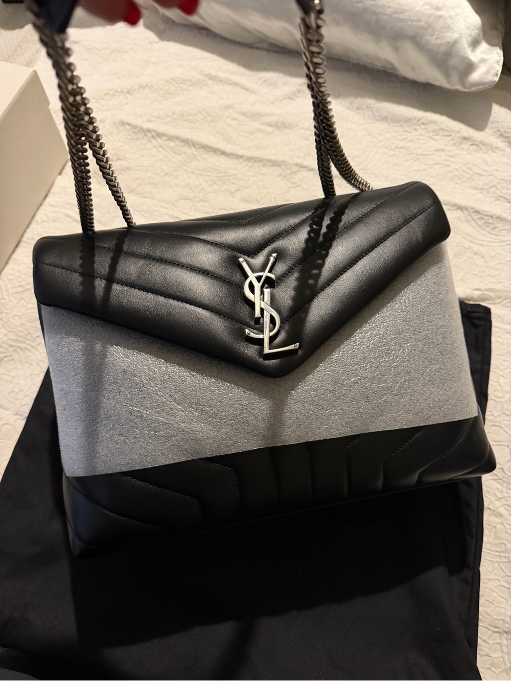 Saint Laurent Black Quilted Chevron Shoulder Bag with Silver YSL Logo